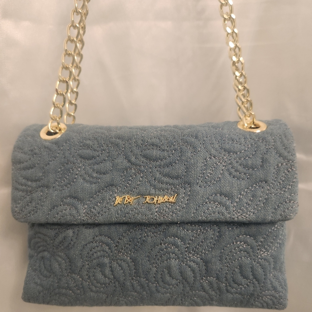 Bestsey Johnson Blue Denim Quilted Cross Body Shoulder Bag with Gold Chain